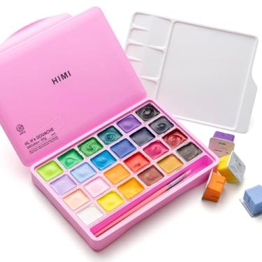 Imagem de HIMI Conjunto de tintas guache com 3 pincéis, 24 cores, 30 g, conjunto de tinta guache gelatinosa, tinta não tóxica para tela e papel, materiais de arte para profissionais (Rosa)