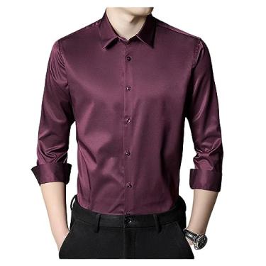 Imagem de Camisa social masculina elástica gola lapela manga longa camisa formal seda não passar a ferro, Cor 6, G