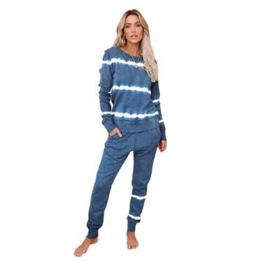 Imagem de LUBOSE Conjunto de pijama feminino solto, pijama listrado feminino, moda feminina, quente outono e inverno, conjunto de duas peças (2GG, azul)