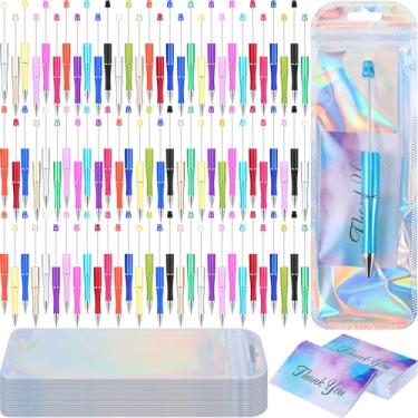 Imagem de Quelay 180 peças de canetas de plástico com contas, conjuntos de presente de agradecimento incluem 60 canetas sortidas com contas, 60 sacos de embalagem inovadores, 60 cartões de agradecimento para