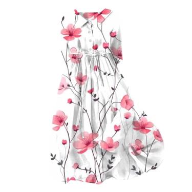 Imagem de Vestidos de primavera para mulheres 2024 Boho floral lapela gola botão casual evasê vestido de renda férias praia rodado vestido longo, Rosa-A, XXG