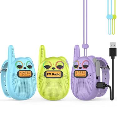 Imagem de QNIGLO Q136 Kids USB Walkie Talkie Watch de longo alcance, rádio FM FRS 22 canais de comunicação 2-5 km, equipamento de jogo ao ar livre, presente criativo e brinquedo para crianças (Azul Roxo Verde)