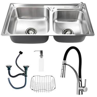 Imagem de Kit Cuba Dupla Cozinha Gourmet E Torneira Flexível Silicone - Brinovar