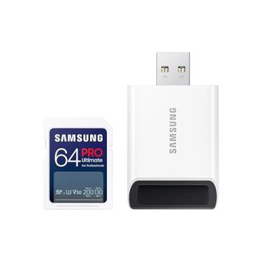 Imagem de Samsung Cartão de memória PRO Ultimate tamanho completo/USB 3.0Reader, 64GB SDXC, até 200 MB/s, 4K UHD, UHS-I, C10, U3, V30, A2 para DSLR, câmeras sem espelho, PCs, MB-SY64SB/AM