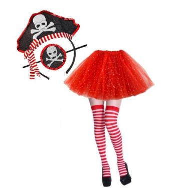 Imagem de Fantasia Feminina Pirata Linda e barata Acessórios Saia meia tiara e t