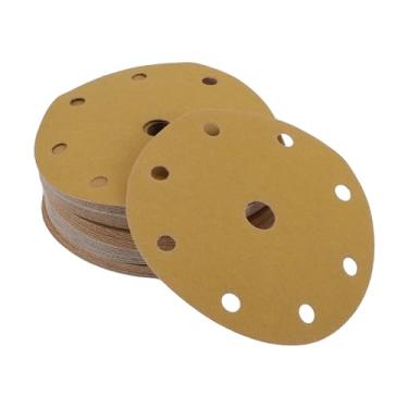 Imagem de VekAuto 50 discos de lixamento, 15 cm, 9 furos, 180 gramatura universal, para metal, madeira, reparo automotivo, durável, base de papel de óxido de alumínio, amarelo