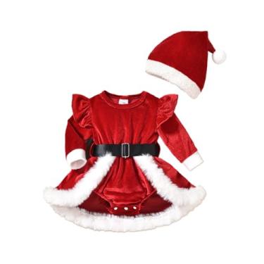 Imagem de Gueuusu Vestido de moletom infantil de Natal para bebês meninas, veludo, manga comprida, macacão peludo, com cinto, roupa infantil de Natal (vermelho, 3 a 6 meses)