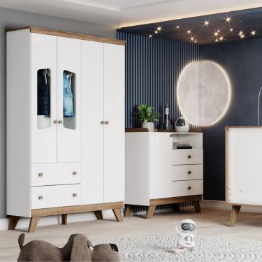 Imagem de Quarto de Bebê com Guarda Roupa 4 Portas e Cômoda 3 Gavetas Lola Henn - Branco/Jequitiba HP