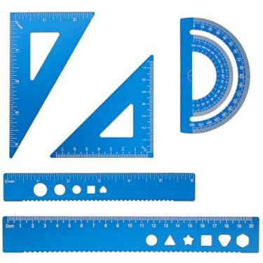 Imagem de Zotemo Conjunto de 5 peças de geometria metálica, kit de régua de desenho matemático - réguas de triângulo de alumínio, transferidor, régua de desenho de 20 e 15 cm, ferramenta de medição para