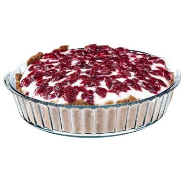 Imagem de Simaxx Forma de torta de vidro para assar, prato redondo de 26 cm de profundidade, maçã, abóbora, tortas de férias, suporte de torta canelado, bandeja segura para forno, forma de bolo de vidro