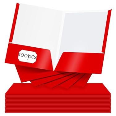 Imagem de Seajan Pacote com 100 pastas com 2 bolsos, pasta de papel laminada laminada brilhante com bolso para carteira, papel a granel para escola, professor, faculdade, escritório (vermelha)