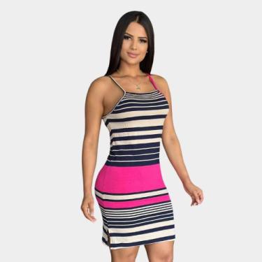 Imagem de Vestido Listras Curto na Alcinha Azul Ciano Tubinho com Fenda - Kambua
