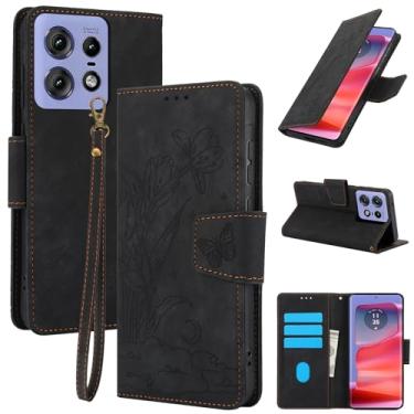 Imagem de Capa carteira de couro com padrão floral para Motorola Edge 50 Pro, com 3 compartimentos para cartão e alça de pulso para mulheres, design de TPU à prova de choque com fecho magnético (preto)