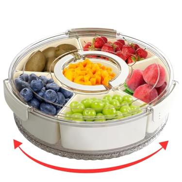 Imagem de Bandeja giratória dividida de 30,5 cm com tampa e alça — organizador e armazenamento transparente giratório de lanche portátil de 30,5 cm para lanches de frutas, lanches, charcutaria vegetariana com 6