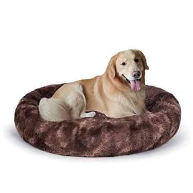 Imagem de Coohom Cama de cachorro oval calmante para abraçar, cama de pele sintética para gatos e gatos com almofada redonda lavável (76 cm/91 cm) para cães pequenos e médios (2GG (109 x 86 x 20 cm), marrom 2021)