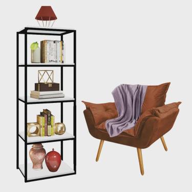 Imagem de Kit Poltrona Fatte com Manta Soft Lilás e Estante Livreiro Ferro Preto mdf Branco Suede Terracota - Ahazzo Móveis