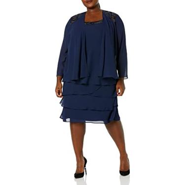 Imagem de S.L. Fashions Jaqueta feminina plus size enfeitada com ombro de chiffon, vestido de mãe da noiva, Azul-marinho profundo, 52