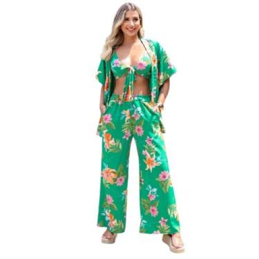 Imagem de Conjunto Feminino Kimono Calça Pantalona Top Saída De Praia - Multimaf
