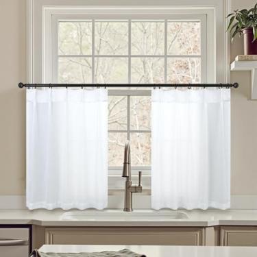 Imagem de Cortinas de cozinha brancas plissadas de 76 cm de comprimento com aba traseira com filtro de luz semitransparente, cortina de café curta, moderna, elegante, estilo boêmio, mini cortinas para janela