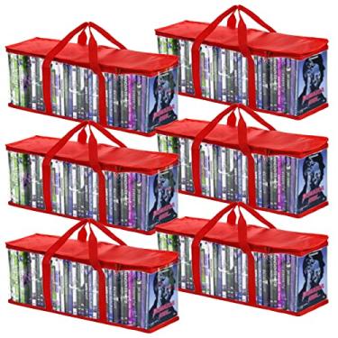 Imagem de Fasmov 6 Pack DVD Storage Bags Hold up to 240 DVDs (40 Each Bag), Water Resistant DVD Holder Case with Handles, Transparent PVC Media Storage for DVDs, CDs, Video Games, Books, Red_AB