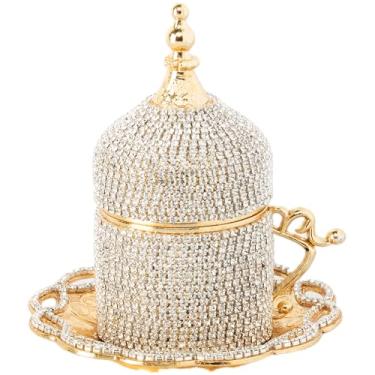 Imagem de Copo de café turco Demmex com porcelana interna, suporte de metal, pires e tampa, 4 peças, Gold with Crystals, 2 Oz