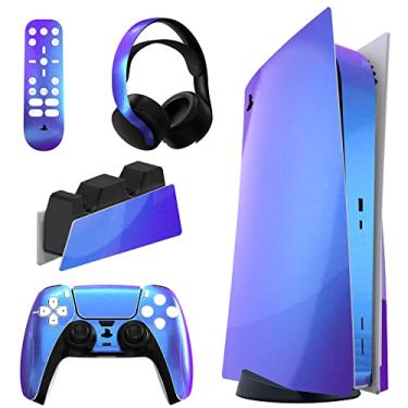 Imagem de PlayVital Conjunto completo de decalque cromado roxo azul brilhante para console PS5 Disco Edition, adesivo para cobertura de decalque de vinil PS5 para controle PlayStation 5 e estação de carregamento, fone de ouvido e controle remoto de mídia