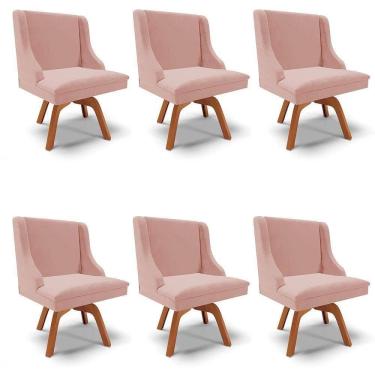 Imagem de Kit 6 Cadeiras Estofadas Base Giratória De Madeira Lia Veludo Rosê - Ibiza
