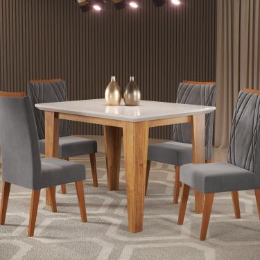 Imagem de Mesa De Jantar Retangular Divine Com Vidro 1,20x90 E 4 Cadeiras Vegas Em Madeira Maciça Mel- Off White Grafite