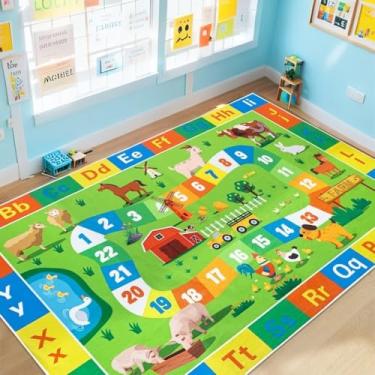 Imagem de Lacomfy ABC Tapete infantil 1,5 x 2,3 m Tapete de animais de fazenda grande tapete de sala de aula tapete de brinquedo para meninos meninas alfabeto número educacional tapete de área de aprendizagem