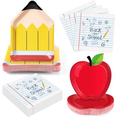 Imagem de 75 peças de pratos e guardanapos de papel de volta às aulas para 25 convidados, conjunto de utensílios de mesa para o primeiro dia de aula, decoração de mesa descartável, utensílios de jantar para