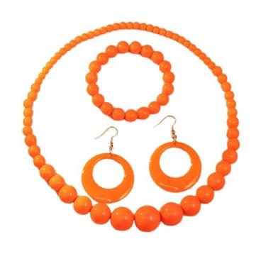 Imagem de A-yeite Colar colorido laranja brincos pulseira conjunto de joias para mulheres verão praia neon acrílico contas colar brinco pulseira acessórios de festa anos 80, One Size, Acrílico, Sem Pedra