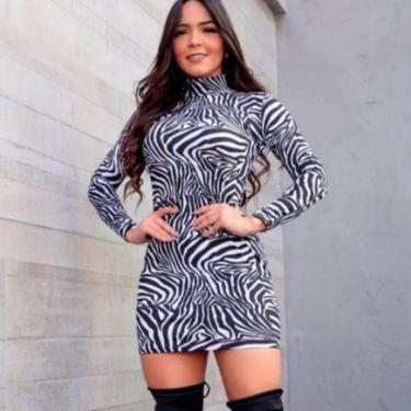 Imagem de vestido zebra feminino manga longa gola alta malha canelada - Filó Mod