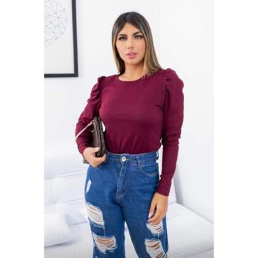 Imagem de blusa feminina gola rasa manga longa bufante malha canelada tendência 