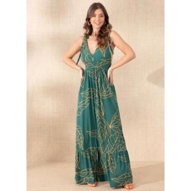 Imagem de Vestido longo folhagem verde com alças e babado -tamanho g - TATI BELL