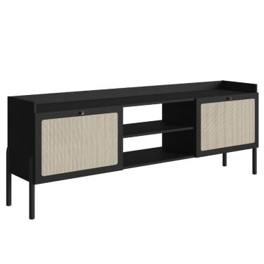 Imagem de Rack 2 Portas Oslo Artesano 183 Cm (largura) Mdp Nero Palha Sintética Bege Pé Madeira Maciça