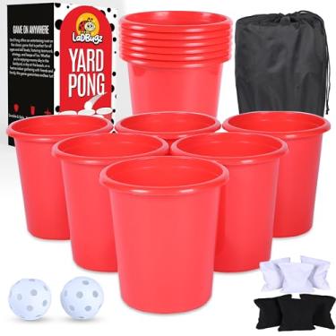 Imagem de LaDBugz conjunto de pong gigante para quintal - jogo de pong gigante interno e externo - 12 baldes grandes, 2 bolas wiffle (airfree), 6 pufes e bolsa de transporte - jogos de quintal portáte