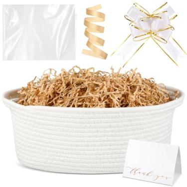 Imagem de Colingmill Cesta de tecido com sacos de presente e 2 fitas, enchimento de papel, cartão de presente, cesta de corda pequena vazia para armazenamento e organizador de brinquedos (branco, 30 x 20 x 12