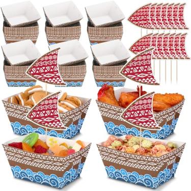 Imagem de Blushtier 50 bandejas de comida de papel de festa havaiana descartáveis para festas tropicais para barcos de comida com tema Luau, bandejas de servir Aloha para praia tropical, aloha, férias de verão