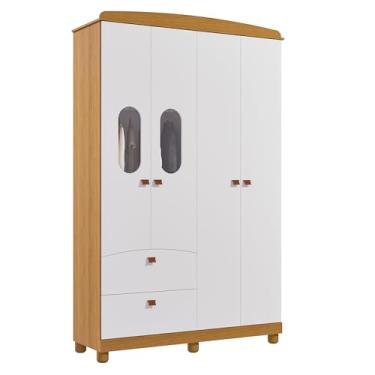 Imagem de Guarda Roupa 4 Portas 2 Gavetas Roupeiro Compacto 100% Mdf Quarto Da Criança Fofura Moderno Sapateira Infantil Solteiro Completo Com Cabideiro (Branco/Nature)