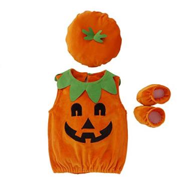 Imagem de Macacão infantil para bebês, meninos, meninas, abóbora, fantasia de Halloween, macaquinho com chapéu 0-3T, 3pcs Halloween Costume Set, 0-6 Months