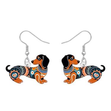 Imagem de DALANE Brincos pendentes de acrílico fofo de dachshund com estampa de mandala divertida, joias boêmias, presentes de cachorro Weiner para amantes de cães, mulheres, mães, donas de filhotes de animais