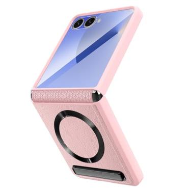 Imagem de POYUFRG Capa magnética para Samsung Galaxy Z Flip 7, capa de proteção fina de couro com dobradiça de tela com suporte invisível, capa com tudo incluído, rosa, Z Flip 7