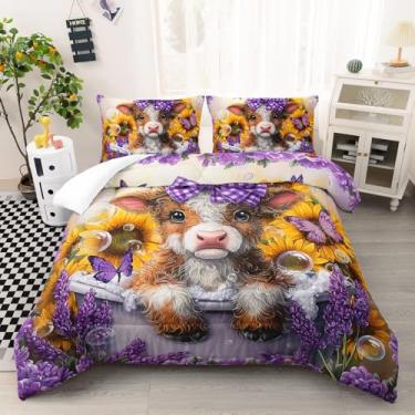 Imagem de AILONEN Conjunto de edredom infantil de vaca kawaii, tamanho Queen, com borboleta roxa, lavanda, gado, 3 peças, desenho animado de vaca das terras altas + 2 fronhas