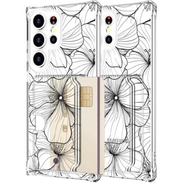 Imagem de Hungo Capa carteira compatível com Samsung Galaxy S24 Ultra com porta-cartão, ultrafina, fofa, designer feminino, capas protetoras com airbag bumper para mulheres e meninas (arte de linha floral clara