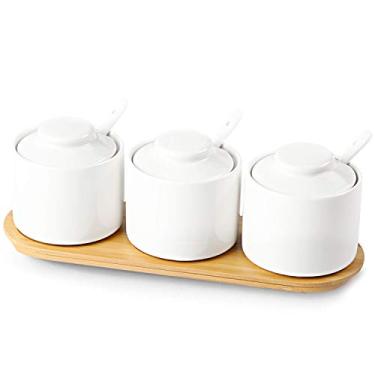 Imagem de Conjunto de 3 potes de tempero de porcelana Ontube com tampa e colher, caixa de tempero de cerâmica com bandeja de bambu, tigelas de jarro para cozinha, 227 g de branco
