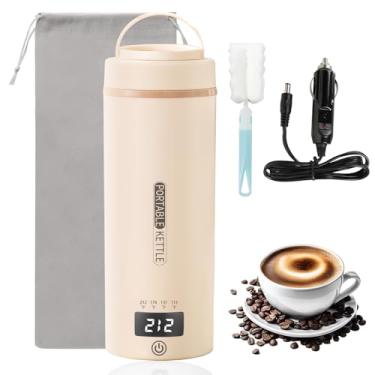 Imagem de JEKABA Chaleira elétrica de viagem de 12 V para carro, mini chaleira de café, caldeira de água, aquecedor de água com 4 controles de temperatura (creme), 550 ml