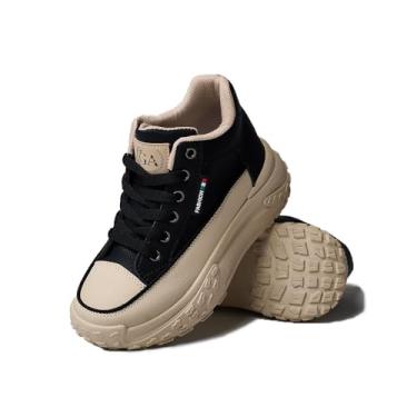 Imagem de Chouiss Tênis de corrida feminino grosso, plataforma branca, de malha, para caminhada, confortável, respirável, casual, moderno, Preto, 35