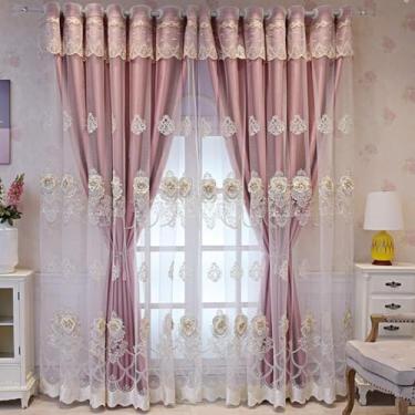 Imagem de Cortina Blackout De Camada Dupla Para Quarto De Crianças, Cortina De Sombreamento De Ilhós Bordada De Renda De Luxo, Com Sobreposição De Tule Térmica Insed Escurecim, Pink, W200*H270cm