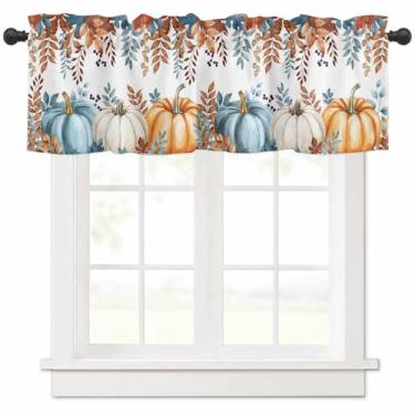 Imagem de CosyBright Cortina curta para janela de outono, abóbora, azul, folhas de outono, bolso para varão, 137 x 45,7 cm, dia de Ação de Graças, para quarto, banheiro, café