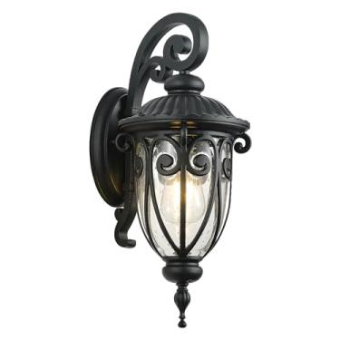 Imagem de GOALPLUS Luminária de parede externa preta antiga para garagem, lanterna externa de 45 cm de altura para pátio, arandela de parede externa vintage com vidro semeado transparente para casa, entrada